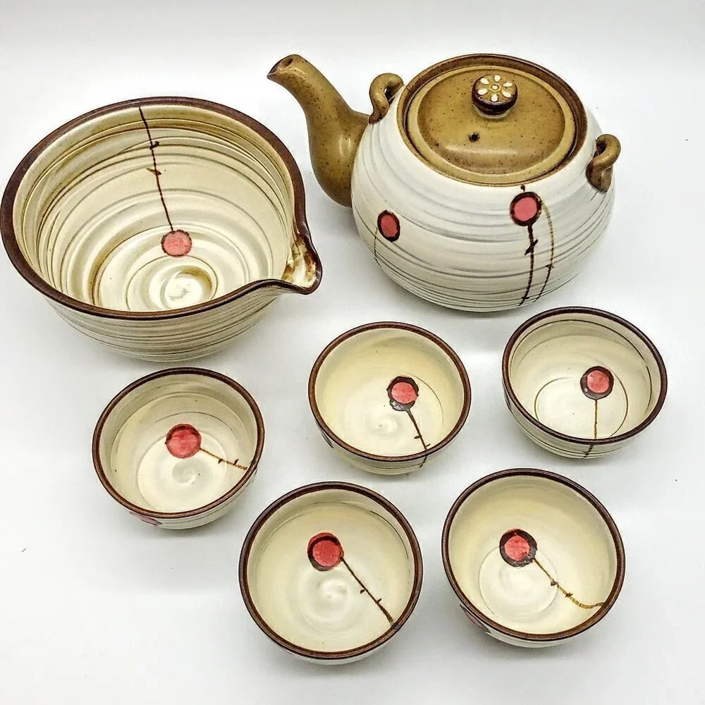 Handmade Korean Chulhwa Buncheong Cherry Ceramic Tea Set